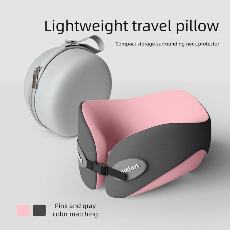 Pink and gray Memory Foam U-Shaped Travel Neck Pillow – Ergonomic Support for Airplane, Car, and Office Use