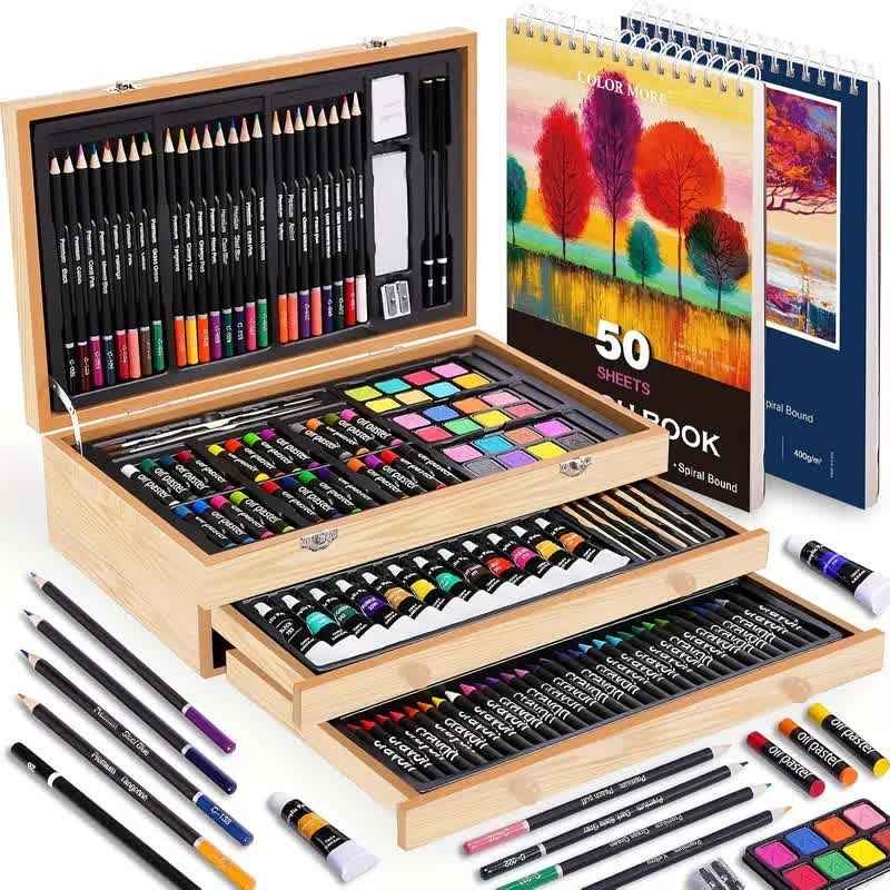  Wood color 175-Piece Deluxe Art Set with 2 Drawing Boards, Wax Crayons, Acrylic Paints, Colored Pencils, Wooden Storage Case – Professional Painting Kit, Art Supplies, Ideal Gift for Christmas, Halloween, and Back-to-School Season