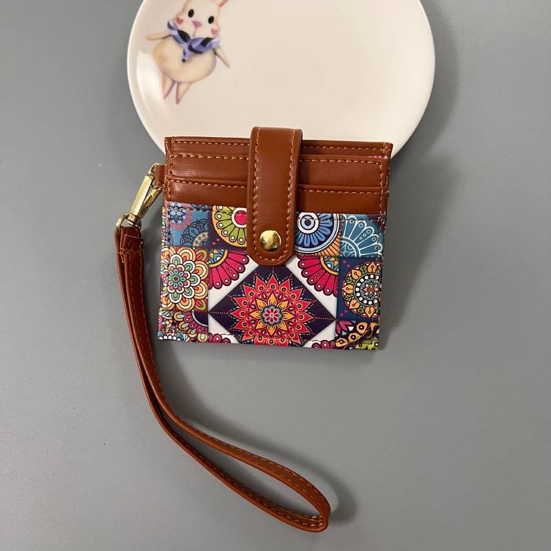 Colorful Ethnic Mandala Pattern PU Leather Mini Card Holder with Wrist Strap and Buckle - Slim High-End Multi-Slot Card Sleeve for Daily Use