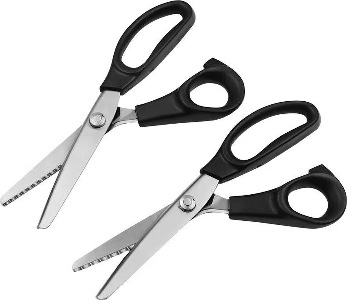 2 pieces - Pinking shears for fabric - Fabric scissors - Textile scissors - Fabric scissors - Dressmaking scissors - Suitable for fabric / denim / leather / Scissors - Black - 3mm / 5mm - Metal