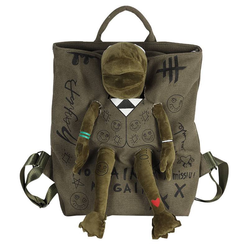 Green 3D Frog Graffiti Canvas Backpack Large Capacity 37x40cm School Bag for Students and Uni Students - Creative Aesthetic Rucksack