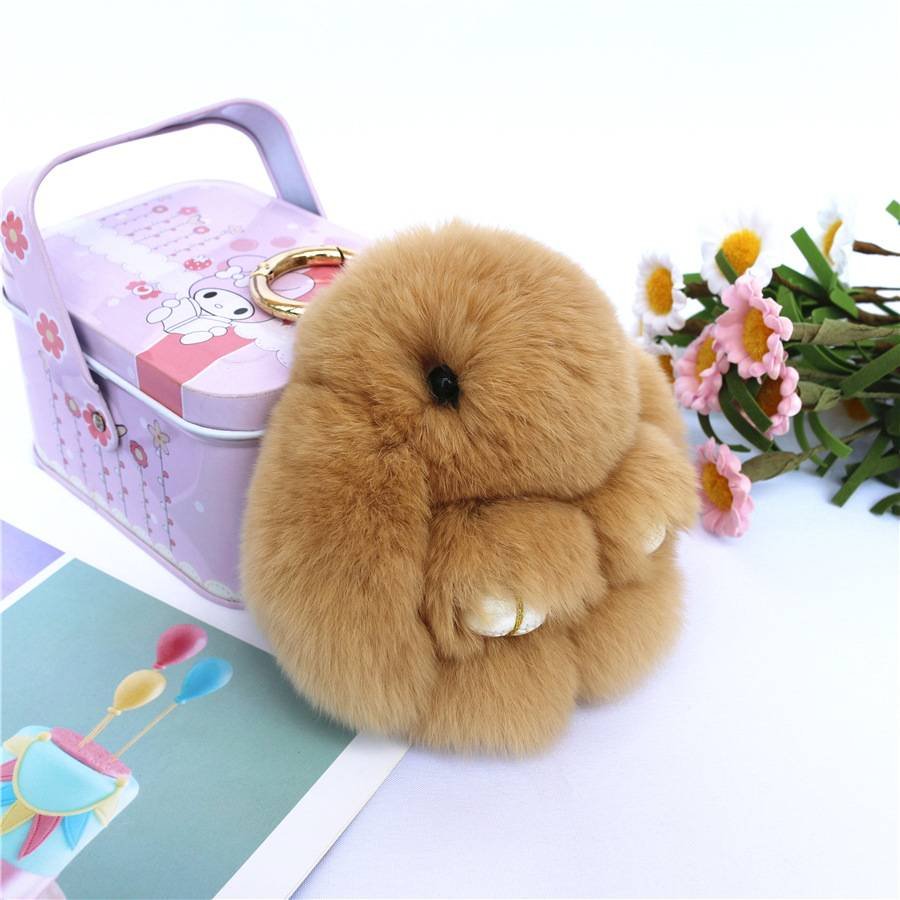 Fluffy Mini Rex Rabbit Fur Keychain Cute Bunny Bag Charm - Soft Plush Animal Doll Key Ring for Car Keys & Handbags - Khaki