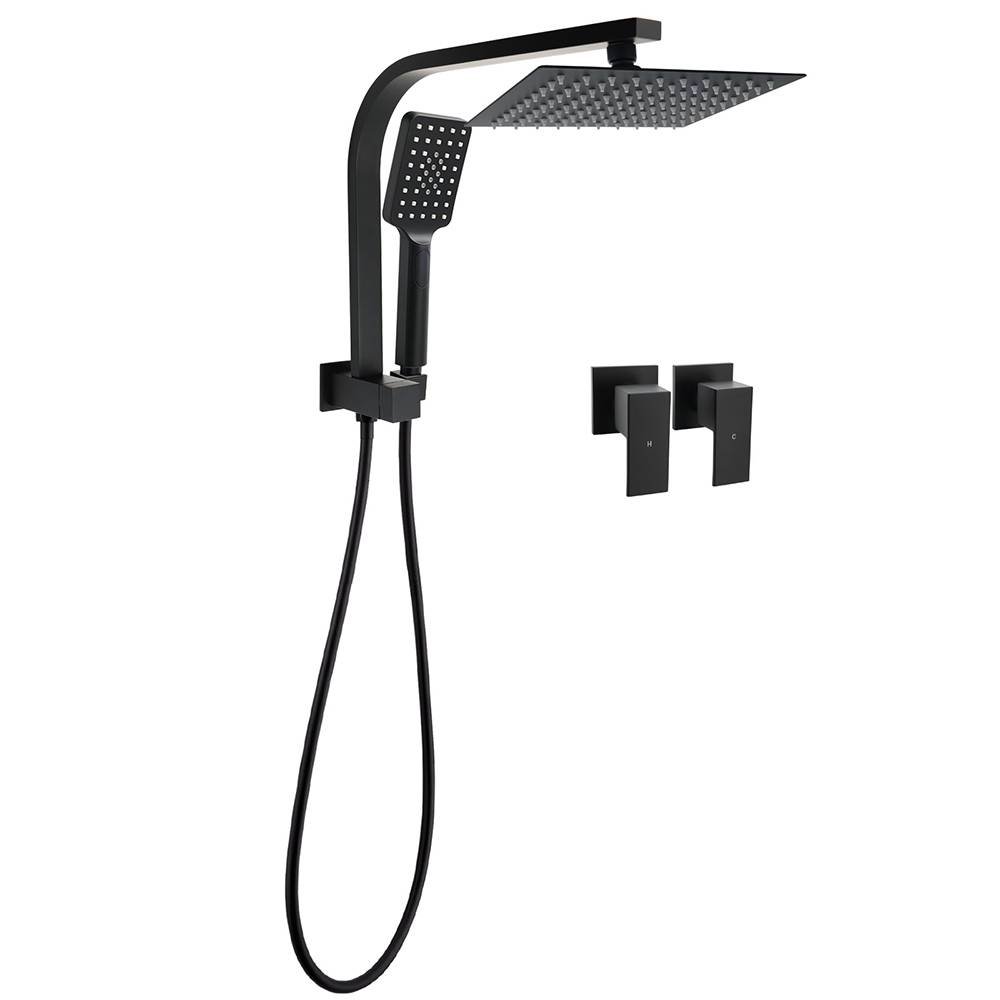 WELS Matt Black 8" Shower Head 3 Modes Handheld Gooseneck Arm Square 2in1 Set Twin Taps