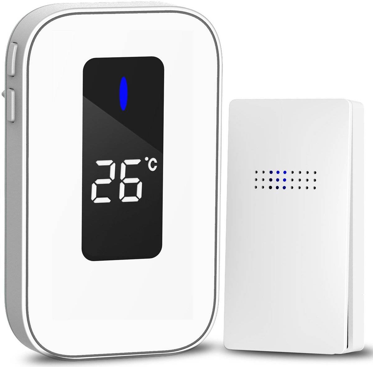 Wireless Doorbell - Doorbells - Wireless Doorbell - Battery-Free Wireless Doorbell - Self-winding Doorbell Button with Electronic Chime - Temperature Display - For Home and Office (White, 1+1)