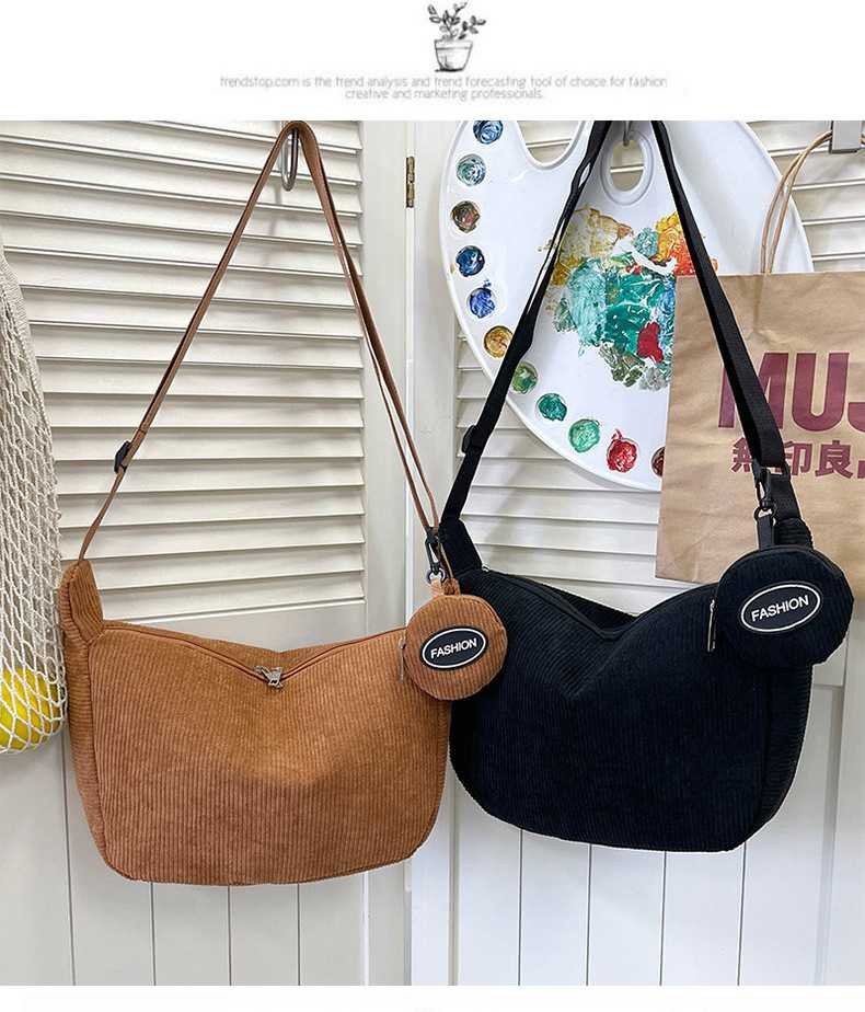 Brown Minimalist Corduroy Crossbody Bag – Large Capacity Single Shoulder & Diagonal Sling Bag in Korean Style