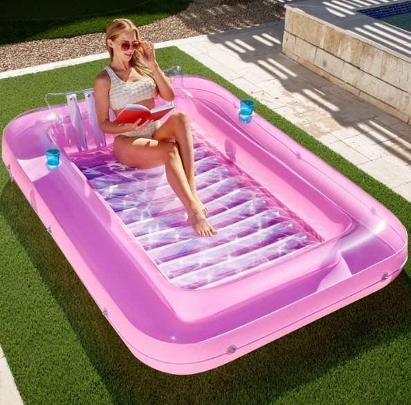 180x118CM Pink Transparent Inflatable Suntan Tub & Floating Pool Lounger with Dual Integrated Cup Holders and Pillow - Portable Sunbathing Pool for Lawn & Water