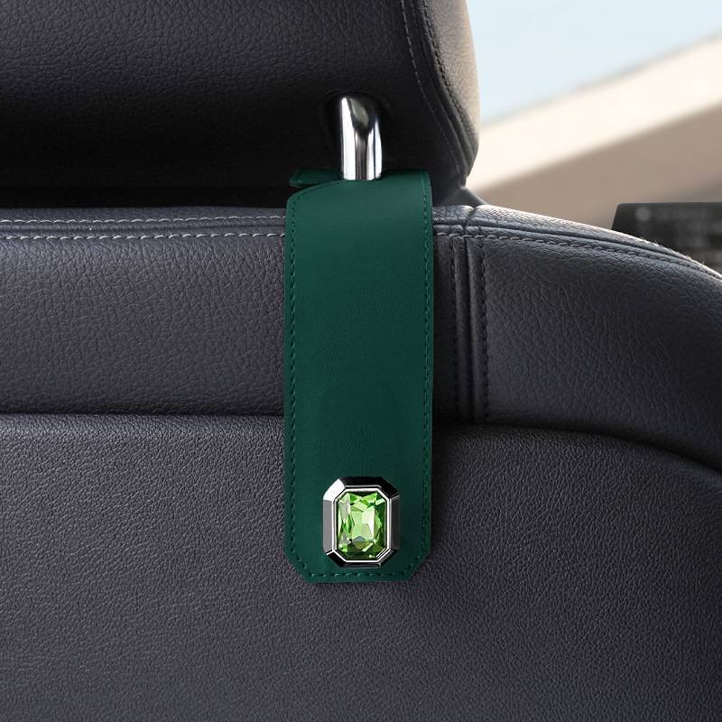 Green Car Multi-Functional PU Leather Hook with Crystal Decoration – Hidden Storage Hook for Front and Rear Seats (Set of 2)