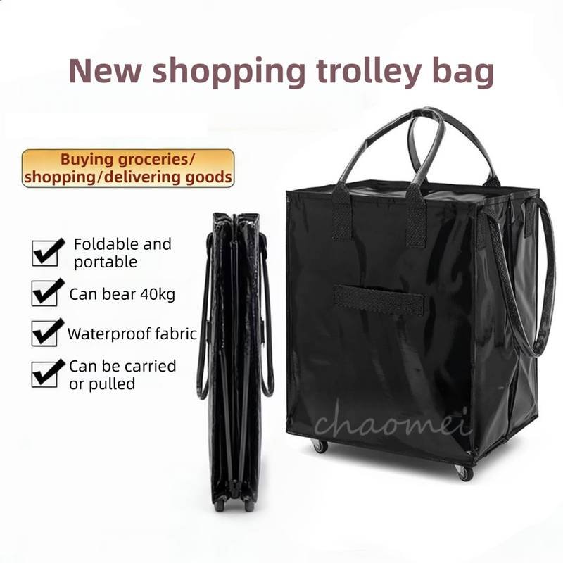 Sliver Portable Folding Shopping Trolley Bag(50x40x30CM) - Durable Woven Fabric, Reusable Grocery Bag with Wheels for Effortless Travel