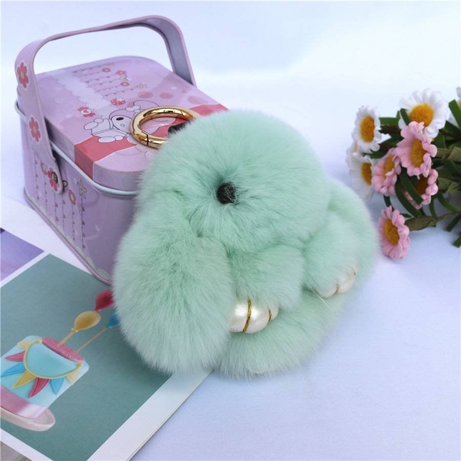 Fluffy Mini Rex Rabbit Fur Keychain Cute Bunny Bag Charm - Soft Plush Animal Doll Key Ring for Car Keys & Handbags - Green