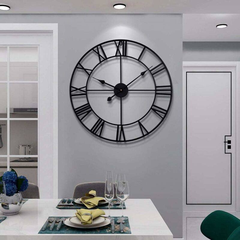 Large ROund Metal Wall Clock Vintage Style Silent Non Ticking Battery Operated 40Cm Black ROman Numeral Clocks For