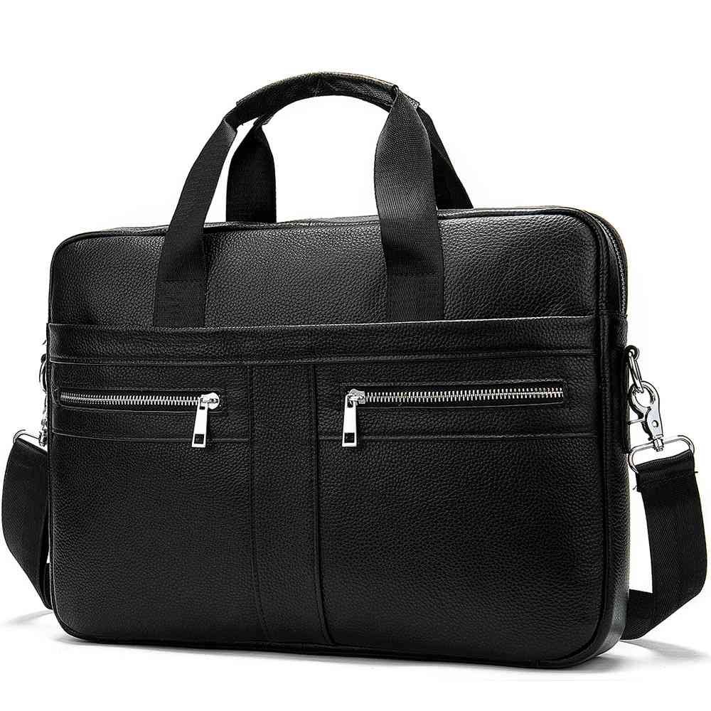 Black Men's Vintage Genuine Leather Briefcase 14 Inch Laptop Messenger Bag Business Shoulder Satchel with Dual Front Pockets Ideal for Office Work
