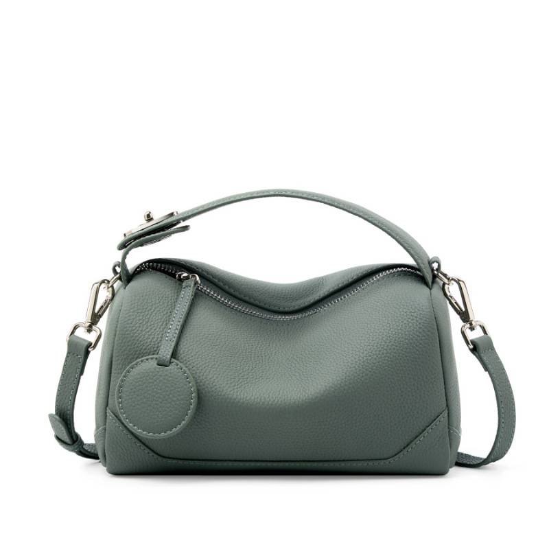 Green Women Genuine First Layer Cowhide Boston Bag Fashionable Handheld Crossbody Shoulder Bag with 115cm Adjustable Strap