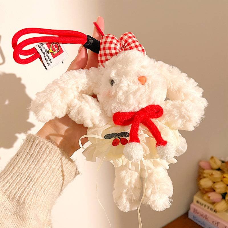 Red Cute Floppy Eared Bunny Plush Doll with Pearl Necklace and Ribbon Dress - Adorable Keychain or Bag Charm for Girls(F-4977)
