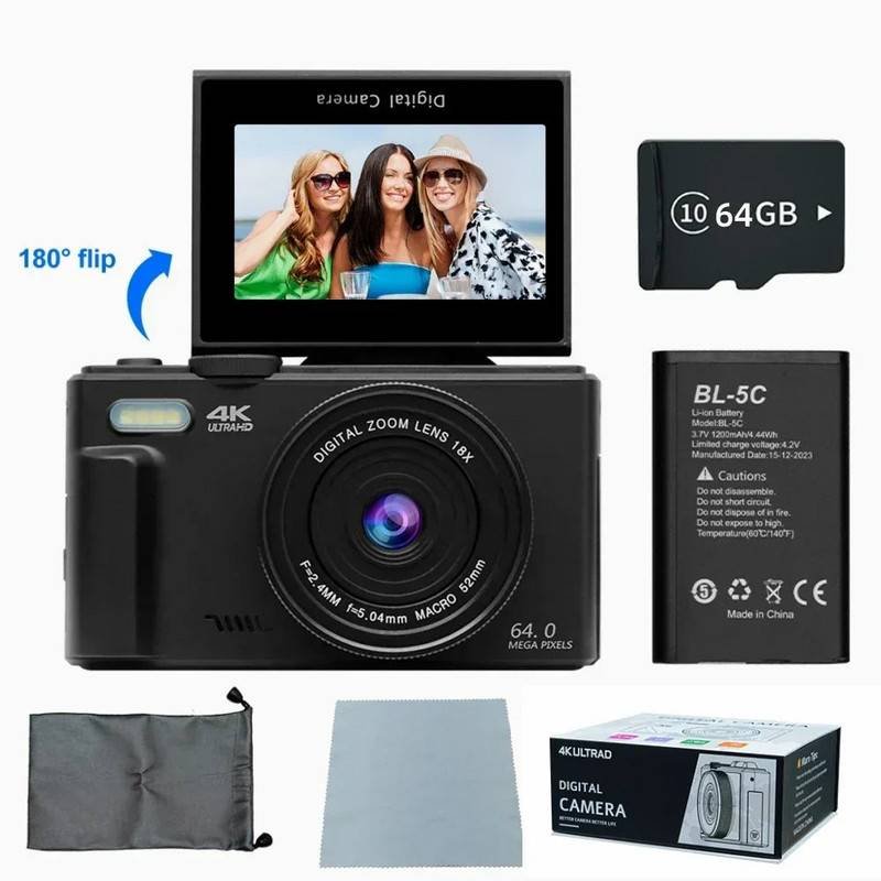 4K Digital Camera for Photography 64MP Vlogging Black