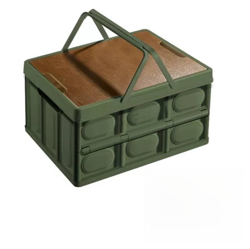 Green Collapsible Medium Handle Storage Box with Wooden Table Top(42x28x23CM) - Car Trunk Organiser for Australian Camping & Home Use