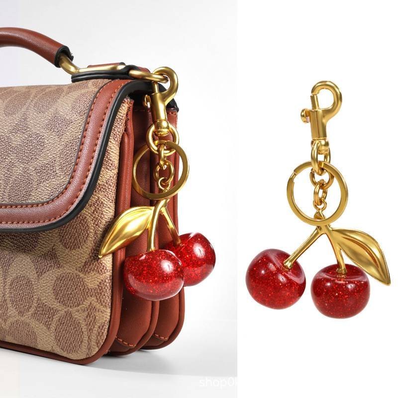 Luxury Sparkly Red Cherry Bag Charm Keychain - Gold Tone Metal Fruit Keyring with Glitter Finish - Cute Purse Accessory for Handbags & Car Keys (11.5cm)