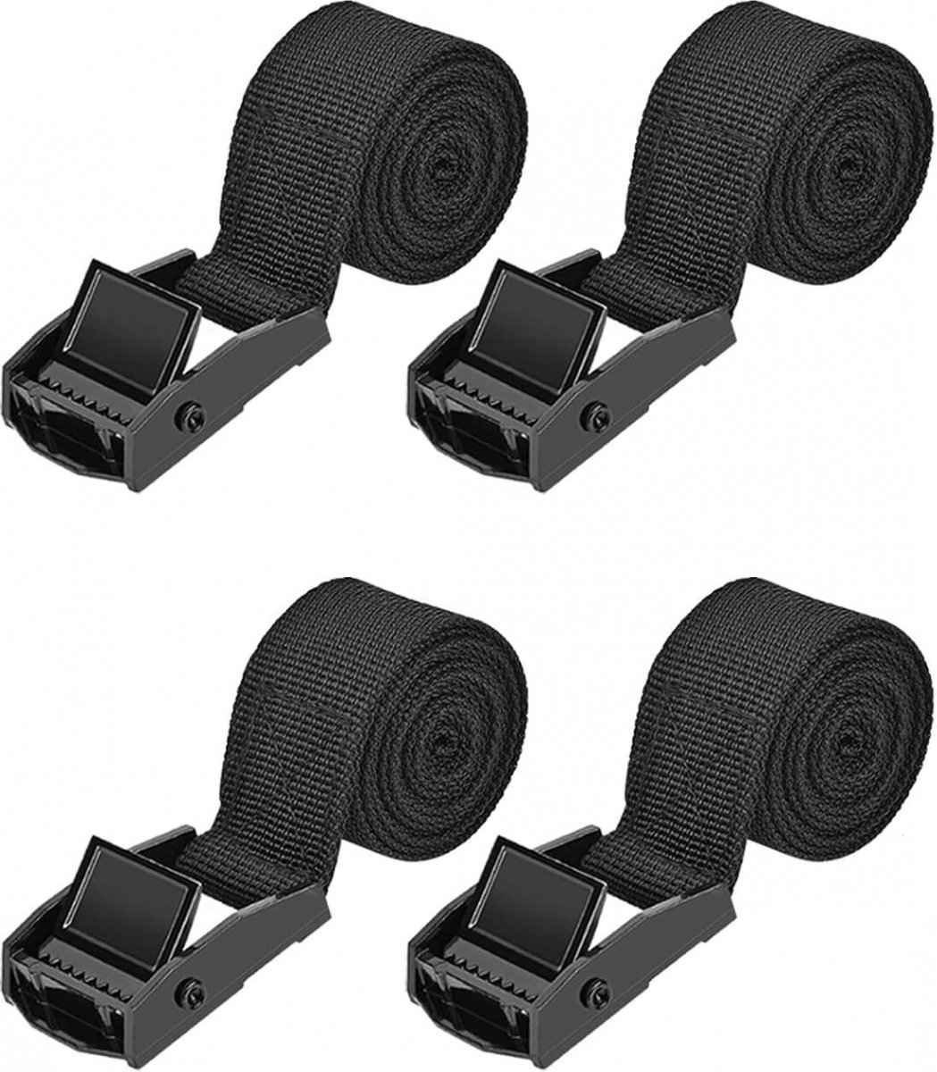 4 pieces - Tension straps - Lashing straps - Fastening straps - 25 MM * 1.5 meters long - Polyester fibers - Black - with buckle - adjustable - for vans, bicycles, trailers, luggage