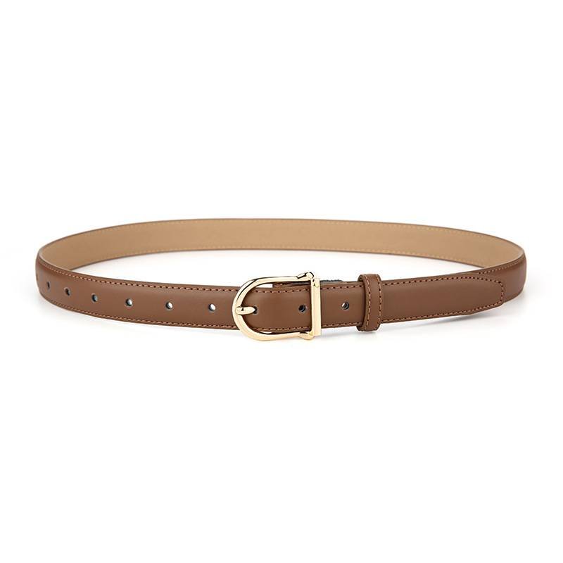 Women's Genuine Leather Thin Belt 2.3cm Width Minimalist Gold D-Shaped Buckle Casual Waist Strap for Jeans Dresses Caramel Color 105cm
