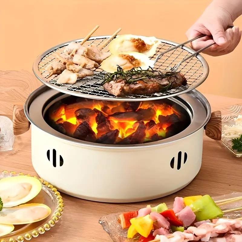 Portable mini tabletop barbecue grill, made of stainless steel, includes a grill mesh, designed for home use, and functions as a detachable charcoal grill.