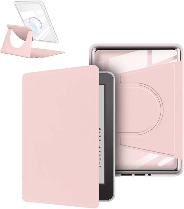 360° Rotating & Detachable Magnetic Case for 6.8" Kindle Paperwhite 11th Generation (2021)  – Auto Wake/Sleep, Hands-Free Stand, Clear Back Cover(pink)