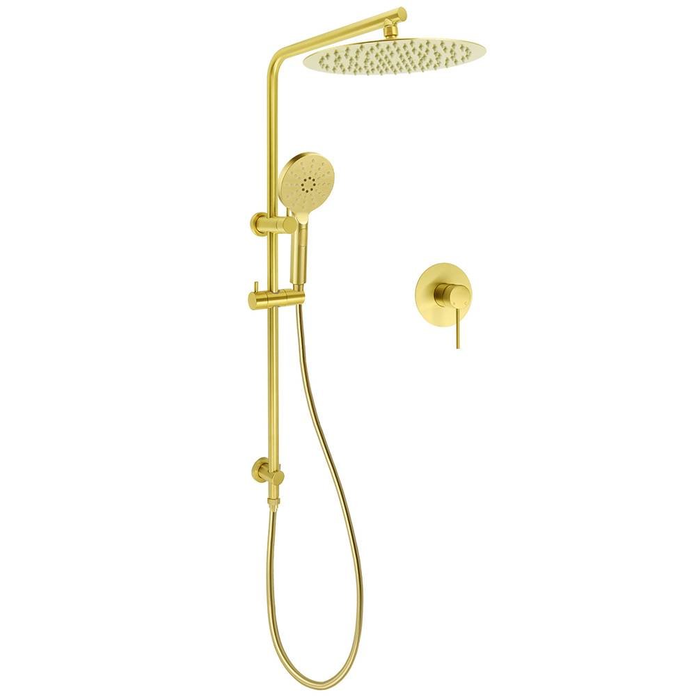 WELS Brushed Gold Twin Shower Large Round 12" Rain Head Handheld Silde Wall Rail Arm Mixer