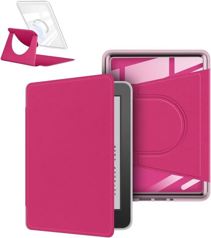 360° Rotating & Detachable Magnetic Case for 6.8" Kindle Paperwhite 11th Generation (2021)  – Auto Wake/Sleep, Hands-Free Stand, Clear Back Cover (Rose Red)