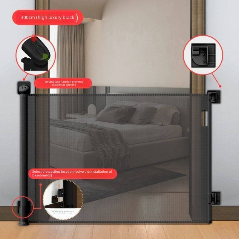 Black Retractable Baby Safety Gate and Pet Barrier Extra Wide 300cm for Stairs and Doorways No Drill Mesh In-Home Protection Solution for Local Families