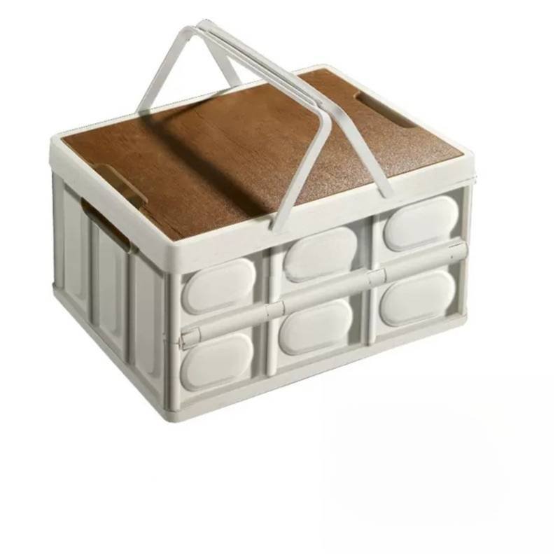 White Collapsible Medium Handle Storage Box with Wooden Table Top(42x28x23CM) - Car Trunk Organiser for Australian Camping & Home Use