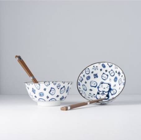 Bowl Set 2pcs with Chopsticks Maneki Cat Blue Design
