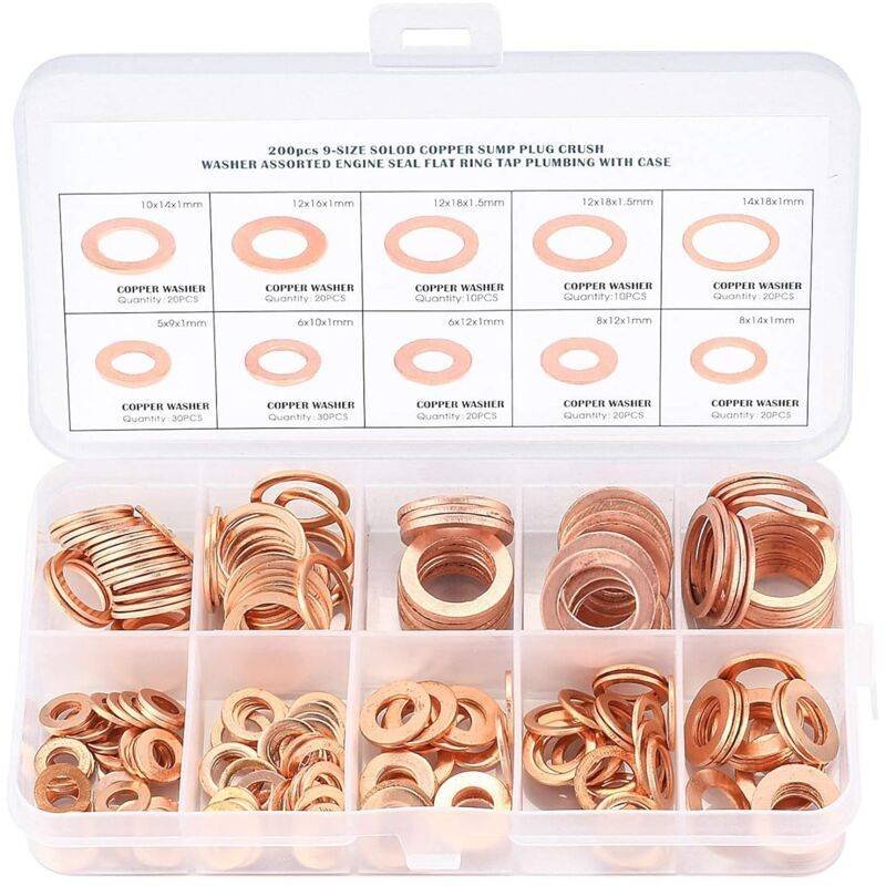 Copper Metal Washers, Gaskets Sealing Ring, Flat Washers, O-Ring With Box For Sealing - 200 pcs/M5 M6 M8 M10 M12 M14