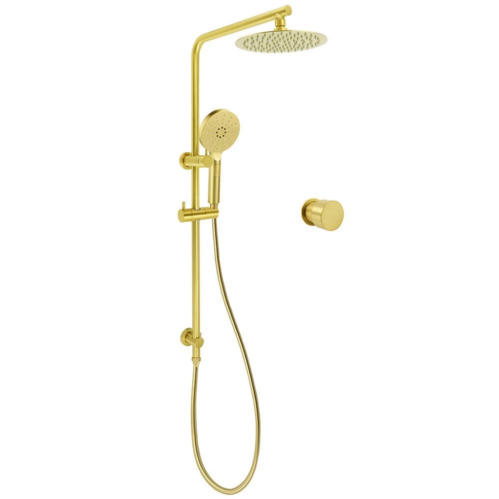 Brushed Gold Twin Shower Set 8" Round Head 3 Modes Handheld Sliding Rail Arm Mixer Valve