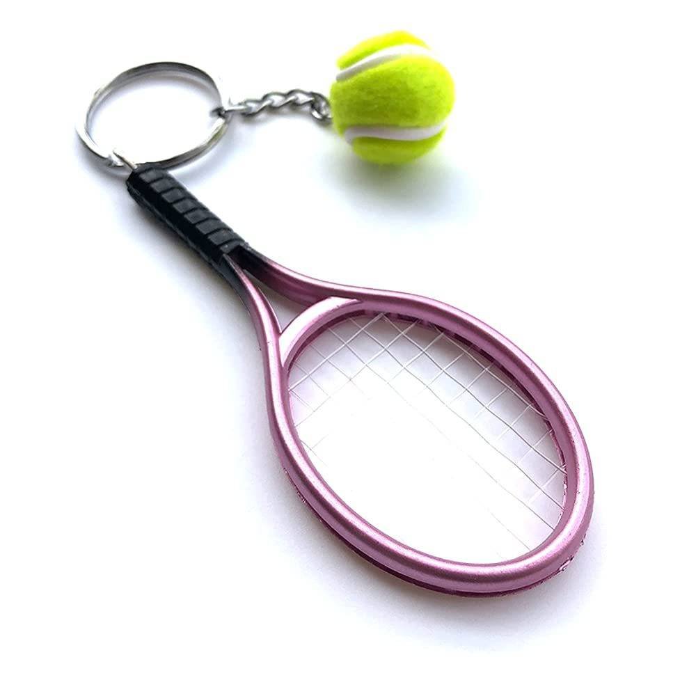 Pink Simulation Tennis Racket Keychain – Mini Tennis Racket and Ball Pendant, 3-Pack