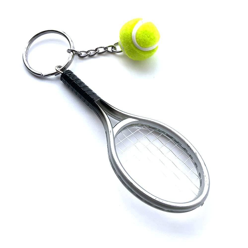 Grey Simulation Tennis Racket Keychain – Mini Tennis Racket and Ball Pendant, 3-Pack