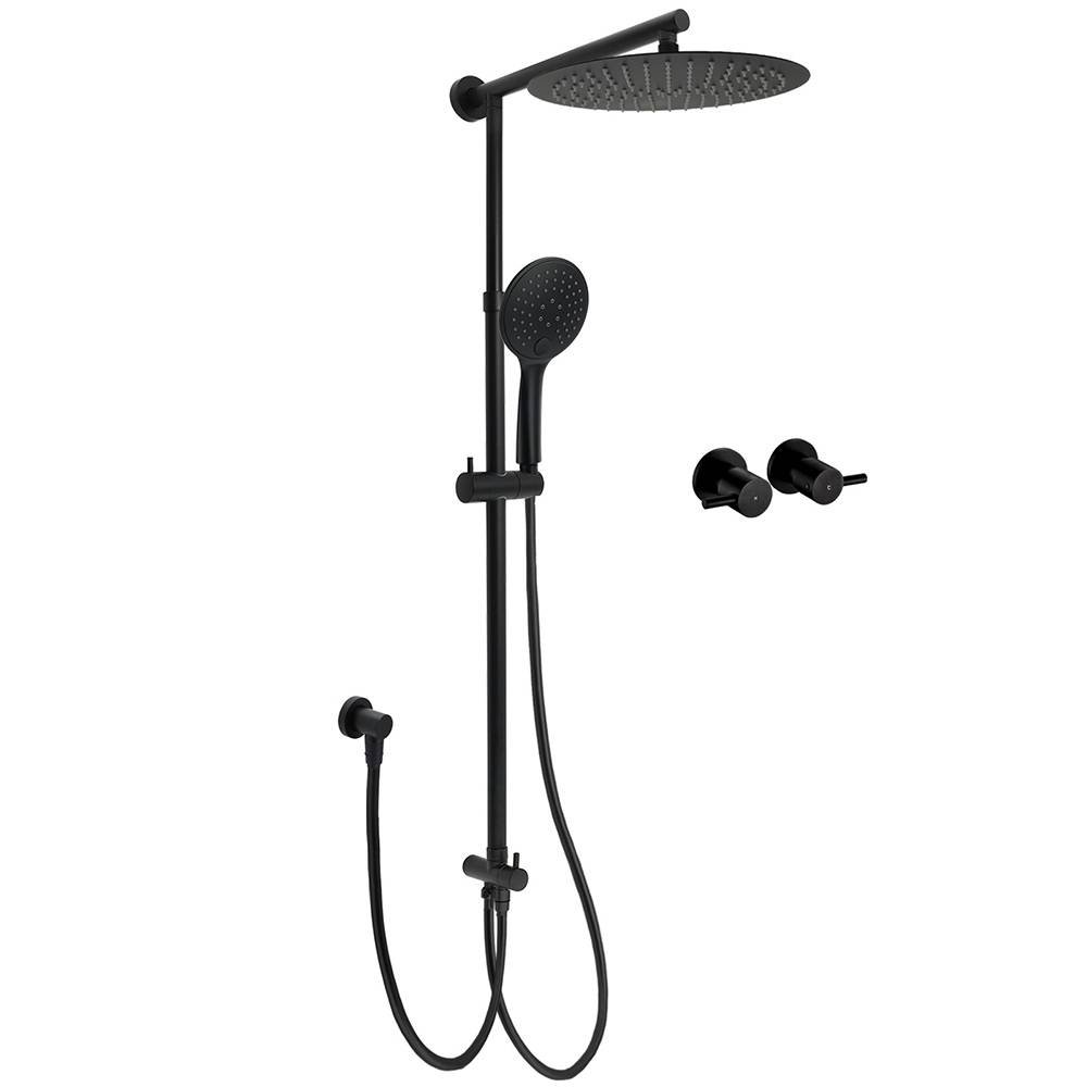 WELS Matte Black 12" 2in1 Round Shower Head Set Handheld Diverter Rail Wall Arm Twin Taps