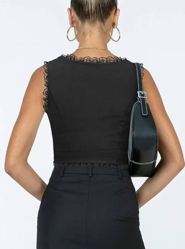 2-Pack Black French Vintage Lace Splice Camisole(L Size) - Slim Fit Halter Top with Back Detail and Button Placket