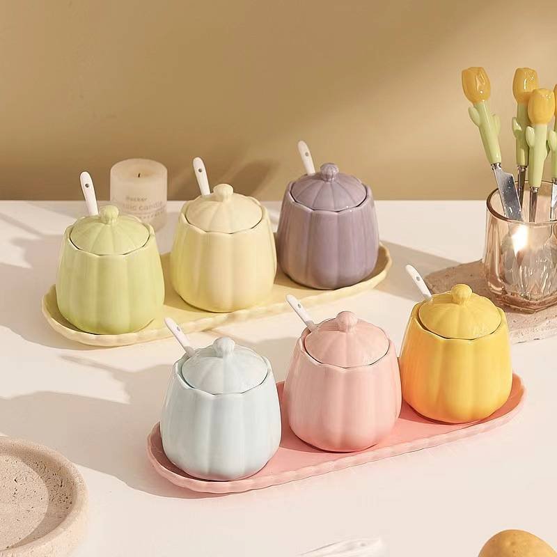 Spice Jars - Storage Jar Set - Sugar Bowl with Spoon - Kitchen Spice Rack - Salt Shaker - Salt and Pepper Shakers - Kitchen Accessories - Countertop Organizer - Spice Jars - Storage Jars with Lid - Ceramic - Multicolor - 3 Pieces