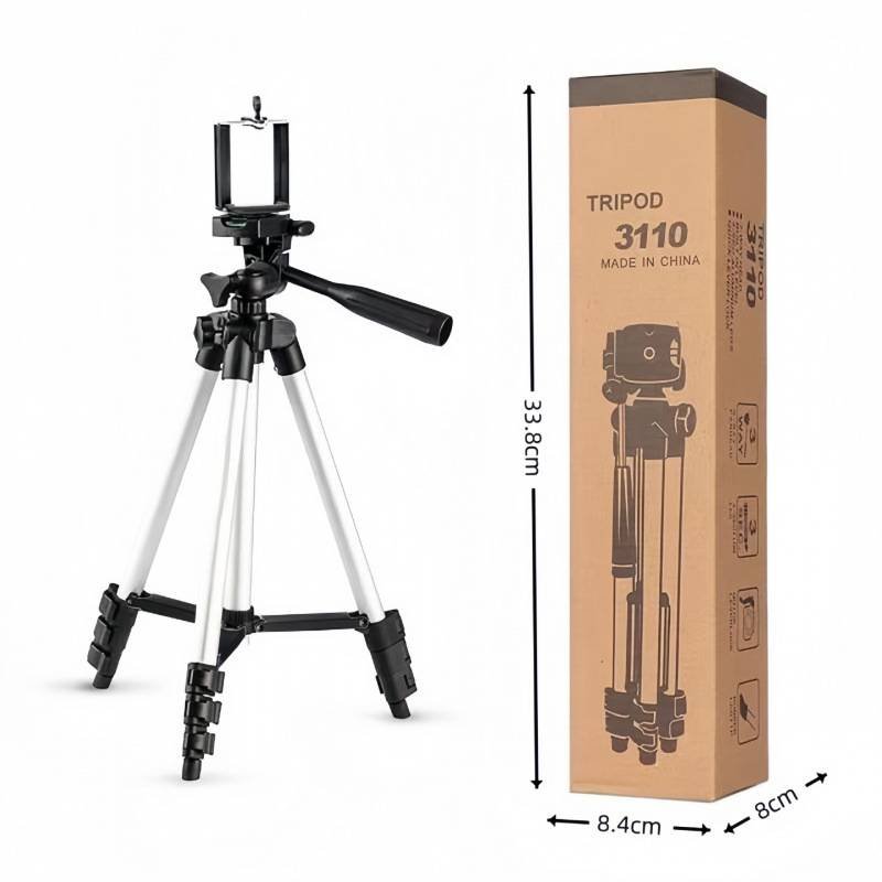 110cm Lightweight Camera & Phone Tripod Stand - Portable Aluminium Travel Tripod with 3-Way Head, Bubble Level & Universal Smartphone Holder - 3110 Adjustable Mount for Live Stream & Vlogging - Black and Silver