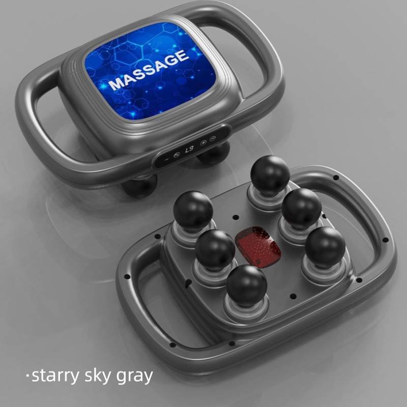 6-Head Deep Tissue Percussion Massager - Cordless Electric Muscle Gun with Red Light Therapy - 9 Speed Dual Handle Body Relaxer for Back & Legs - Starry Grey