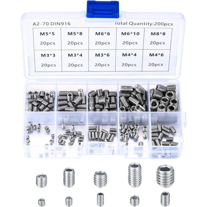 200 pcs Stainless Steel Grub Screws, M3 M4 M5 M6 M8 Machine Screws, Assortment Kit Fasteners Grub Screws