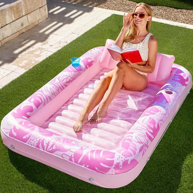 180x118CM Pink Deluxe Inflatable Suntan Tub & Floating Pool Lounger with Dual Integrated Cup Holders and Pillow - Portable Sunbathing Pool for Lawn & Water