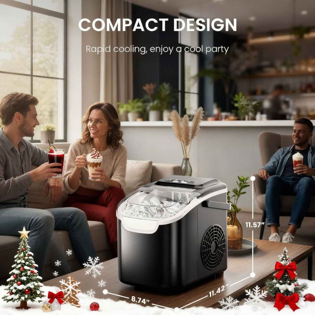 Desktop Ice Maker, Produces Ice in 6 Minutes with a Capacity of 26 Pounds, Energy-Saving 30% and Operating Noise Below 40 Decibels, Portable Ice Maker with Built-in Ice Basket, Suitable for Home and Camping.(BLACK)