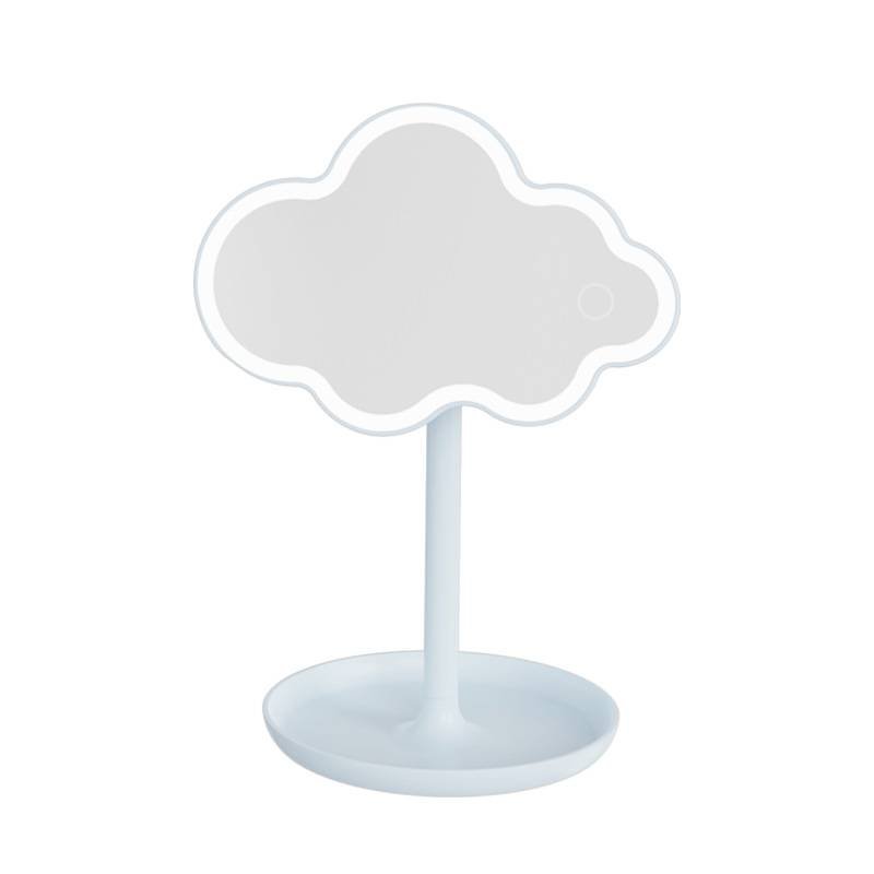Blue Cute Cloud Shaped LED Makeup Mirror Desktop Vanity Light with Storage Tray 360 Rotation Cordless Cosmetic Beauty Tool