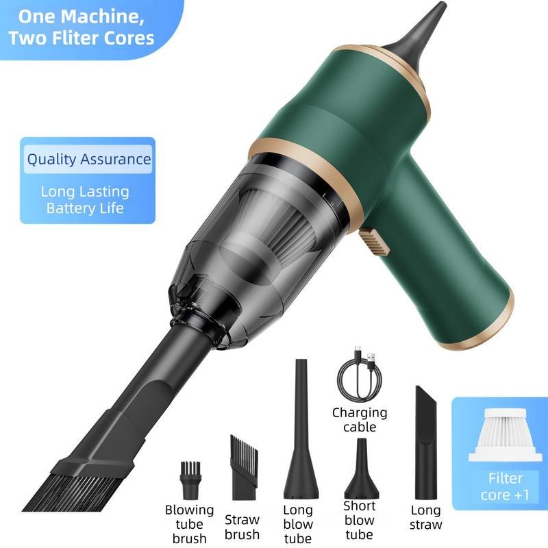 4-in1 Green Wireless Compact Handheld Car Vacuum Cleaner & Air Duster  with 5 Nozzles/Brushes- 15000 Pa Ultra-Powerful Blower/Suction Tool for Auto, Home & Office
