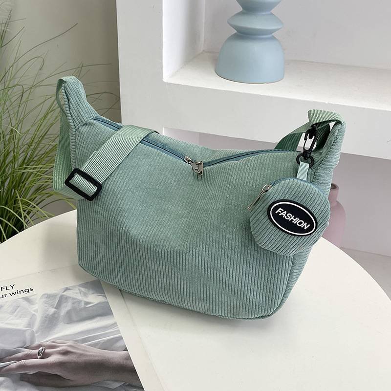 Green Minimalist Corduroy Crossbody Bag – Large Capacity Single Shoulder & Diagonal Sling Bag in Korean Style