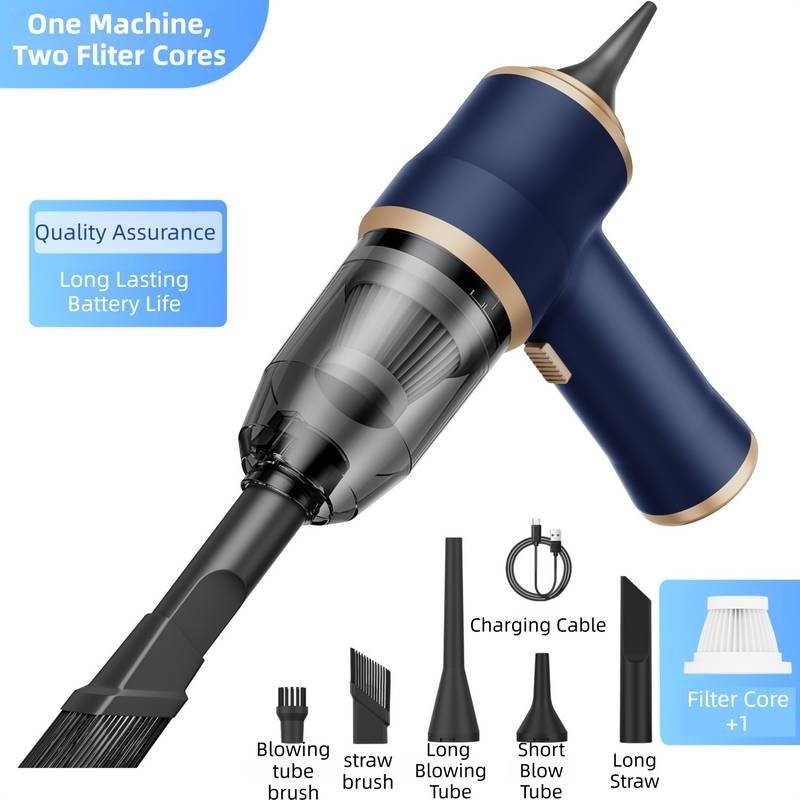 4-in1 Blue Wireless Compact Handheld Car Vacuum Cleaner & Air Duster  with 5 Nozzles/Brushes- 15000 Pa Ultra-Powerful Blower/Suction Tool for Auto, Home & Office