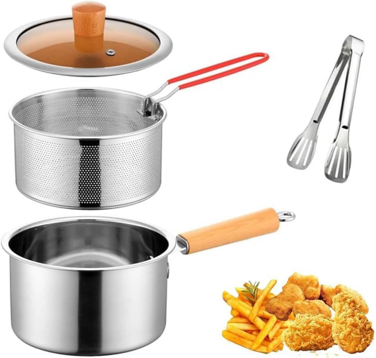 Deep fryer - Deep fryer - Saucepan - Cooking pot - Frying basket - Doughnut pan - Dutch oven - Induction pan - Gas - Electric - Frying set - Kitchen utensils - Kitchen accessories - Including tongs - Stainless steel - Stainless steel - Silver - 1 piece