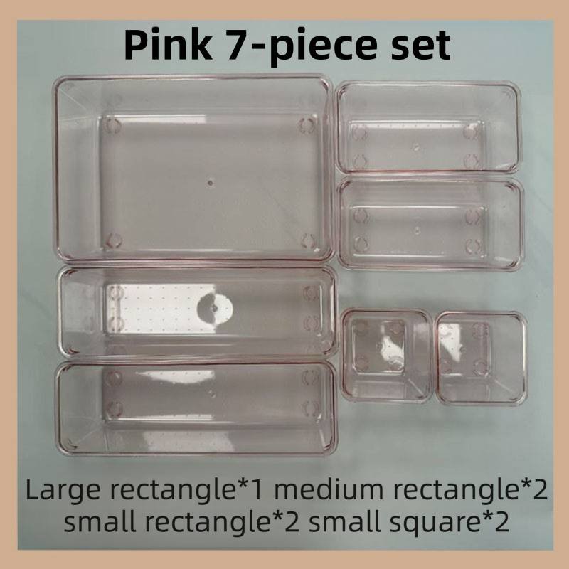 7PCS Pink Transparent Stackable Organizer Set - 4-Size Versatile Desktop & Drawer Divider