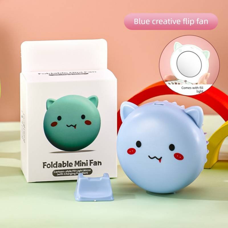 Blue 3-in-1 Mini Portable Fan with Makeup Mirror and LED Fill Light USB Rechargeable Pocket Sized Cooling Solution for Students and Local Professionals