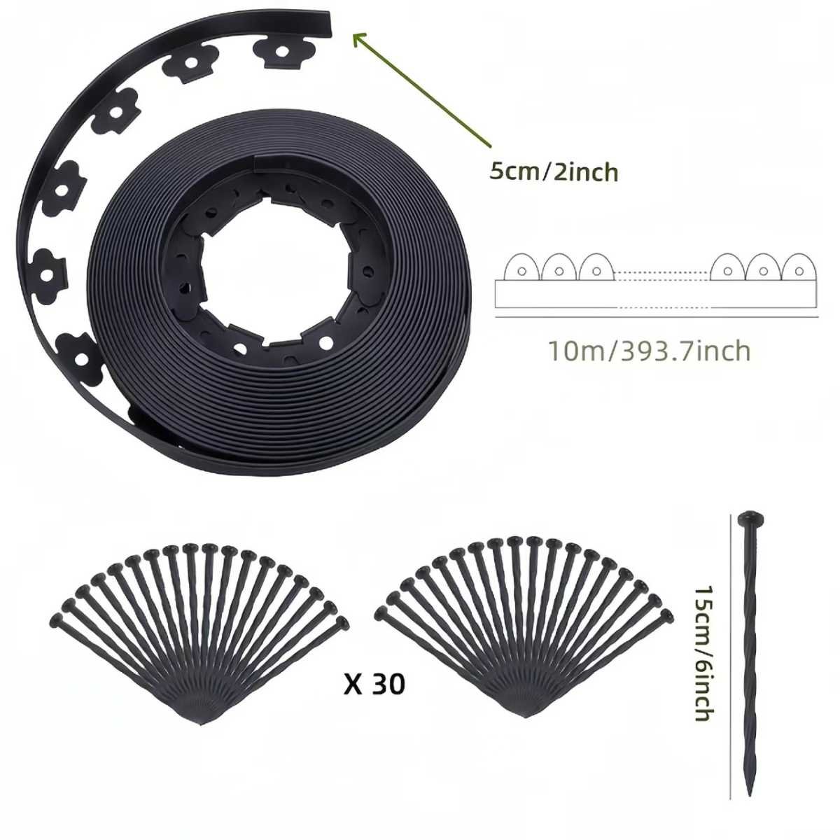 Black L-Shape PE Landscape Edging Roll Kit (5CM Height x 10M Long) - Anti-Root Lawn & Garden Divider with 30 Ground Stakes