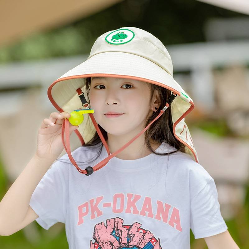 White Kids UV Protection Sun Hat - Breathable Wide Brim Bucket Hat with Neck Flap for Summer Beach & Outdoor Play